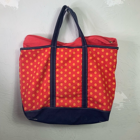 L.L. Bean Boat And Tote Red Orange Blue Polka Dot Canvas Bag Medium - Picture 16 of 16